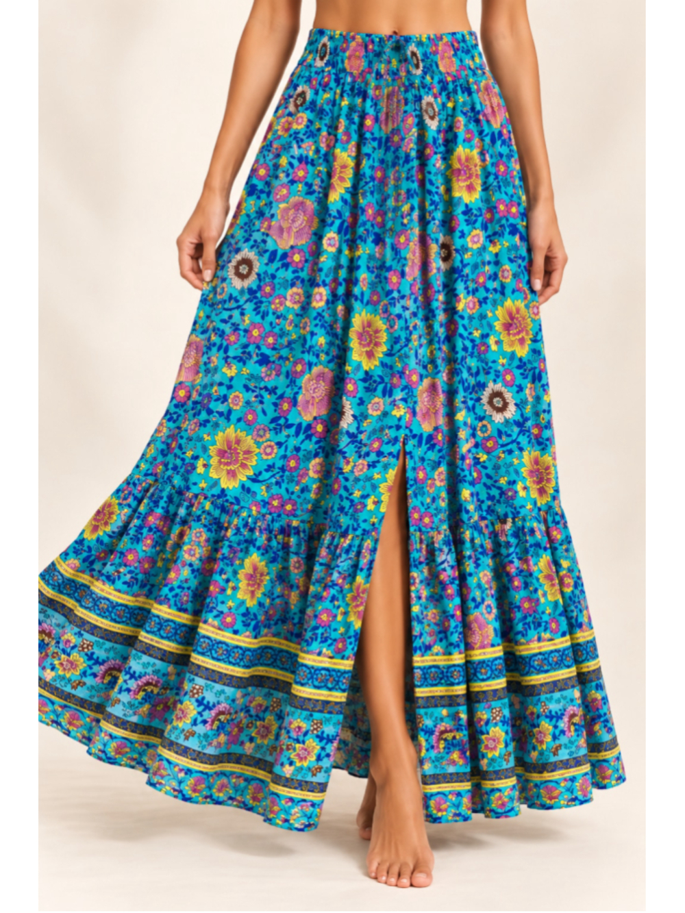 HOTOUCH XL Turquoise Floral Maxi Skirt Tiered Ruffle Slit Cottagecore Boho Flowy